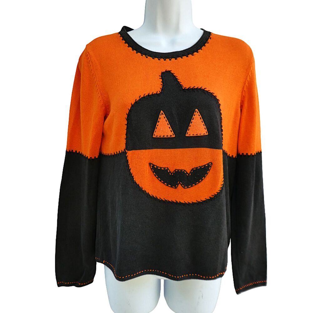 Vintage Michael Simon Event Halloween Knit Sweater Silk Cotton Jack O'Lantern M